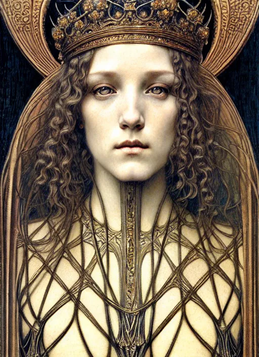 Image similar to detailed realistic beautiful young medieval queen face portrait by jean delville, gustave dore and marco mazzoni, art nouveau, symbolist, visionary, gothic, pre - raphaelite. horizontal symmetry