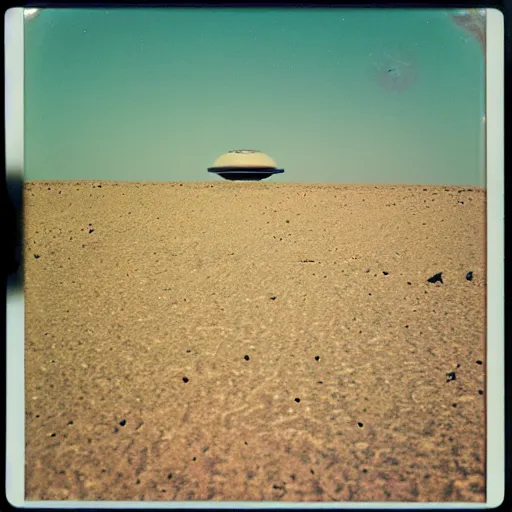 Prompt: a flying saucer hovering over the desert at night, distant!!, historical photo, old polaroid, expired film,