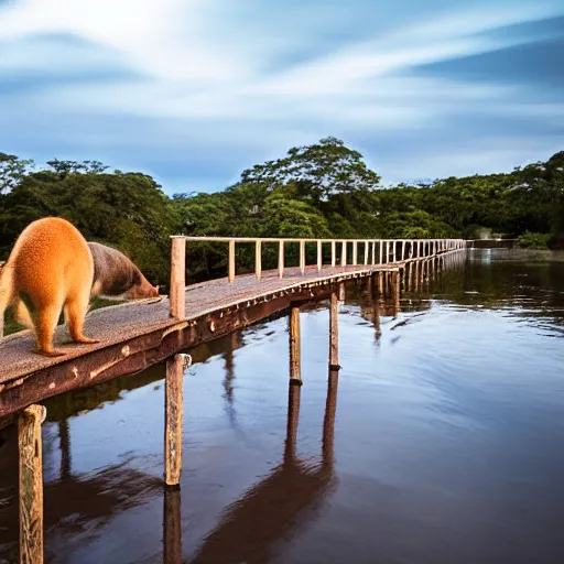 Prompt: a capybara walking across a bridge, blue hour