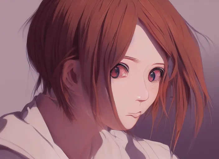 Image similar to portrait Anime girl with orange hair and freckles, cute-fine-face, white-hair pretty face, realistic shaded Perfect face, fine details. Anime. realistic shaded lighting by (((Ilya Kuvshinov)))