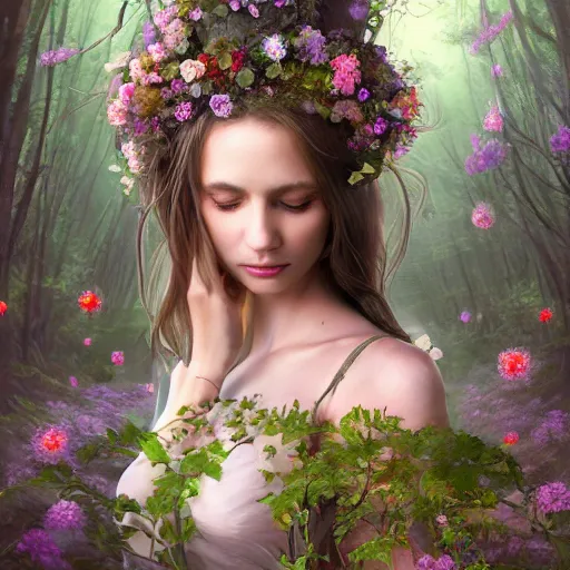 Prompt: a picture of a beautiful woman clothed in flowers and leaves standing in an enchanted forest, high fantasy, elegant, epic, detailed, intricate, digital painting, concept art, realistic detailed face, smooth, focus, rim light, detailed 8 5 mm f / 1. 4, anamorphic lens