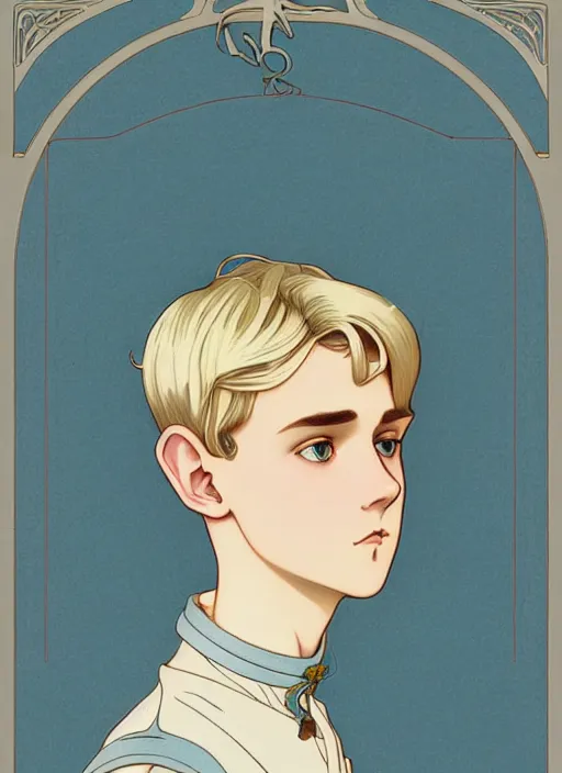 Image similar to art nouveau portrait of a pretty young man with short blond hair, light blue eyes, sad expression, scared, head down, shy and demure, wearing a choker collar, natural lighting, path traced, highly detailed, high quality, cartoon, digital painting, by don bluth and ross tran and studio ghibli and alphonse mucha