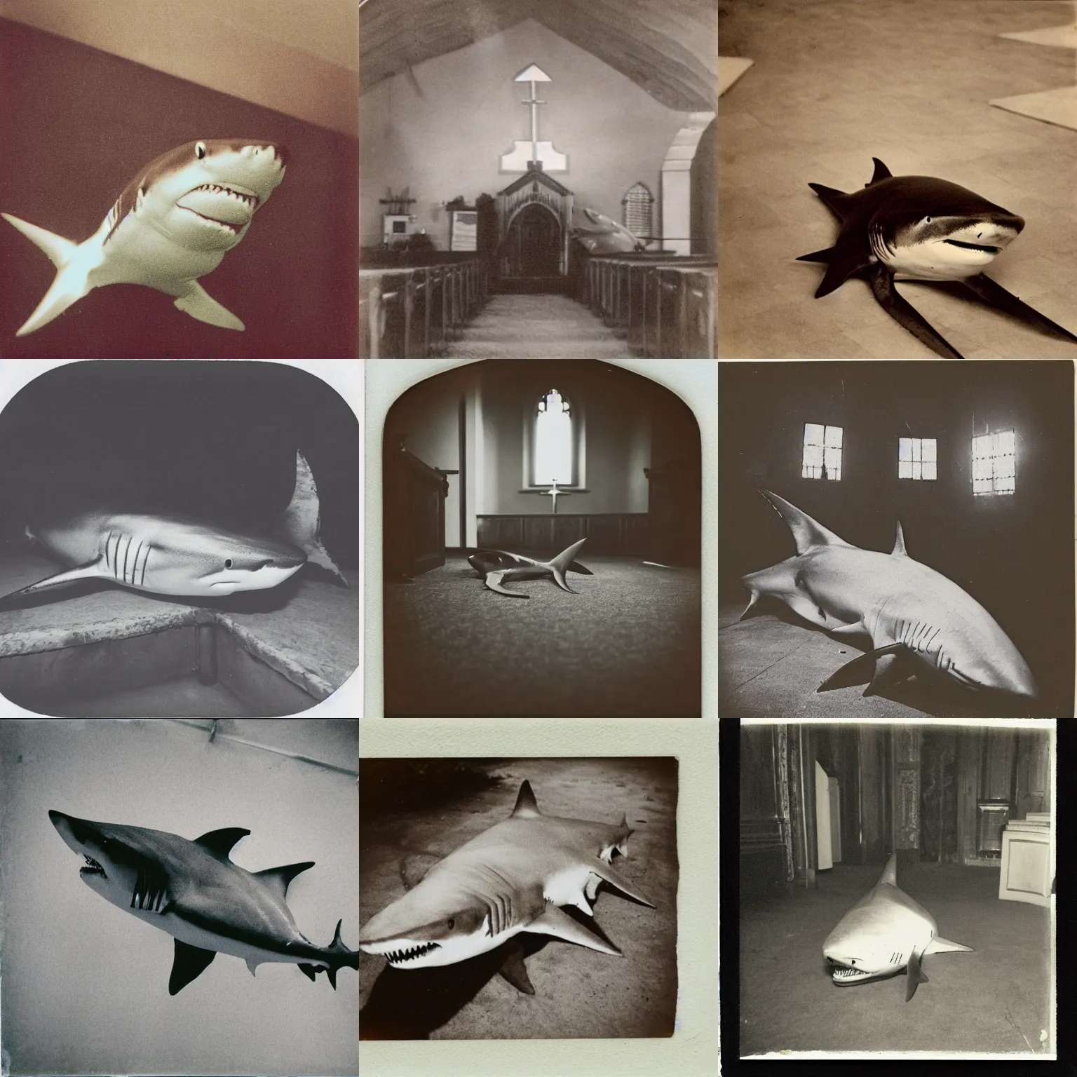 Prompt: real image of shark lying in church, polaroid color photograph