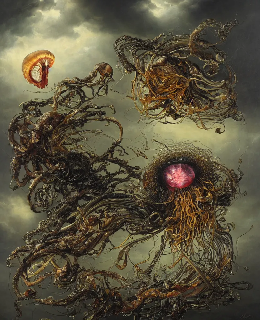 Image similar to an anatomical oil painting of a Harpy jellyfish from a medical journal by Nychos, Julie Bell, Peter Mohrbacher highly detailed, high detail, 8k, storm clouds, birds, dramatic lighting