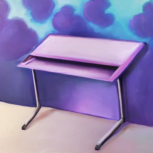 Image similar to realistic panting of a desk on a purple field blue clouds highly detailed trending on art station