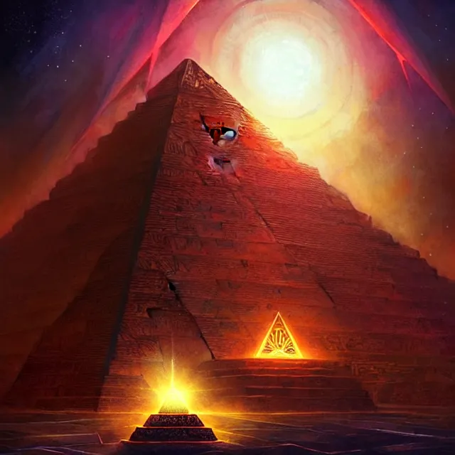 Image similar to the illuminati eye opening up from an orb above a pyramid, atmospheric lighting, intricate, volumetric lighting, beautiful, sharp focus, ultra detailed, in the art style of marc simonetti, bowater charlie and brom gerald, astrophotography