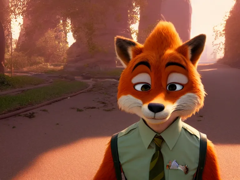 Prompt: a film still from zootopia main character portrait anthro anthropomorphic fox head animal person fursona nick wilde pixar and disney animation, sharp, rendered in unreal engine 5, anime key art by greg rutkowski, bloom, dramatic lighting chaotic cursed multiple pupils texture disaster bad modeling beginner render