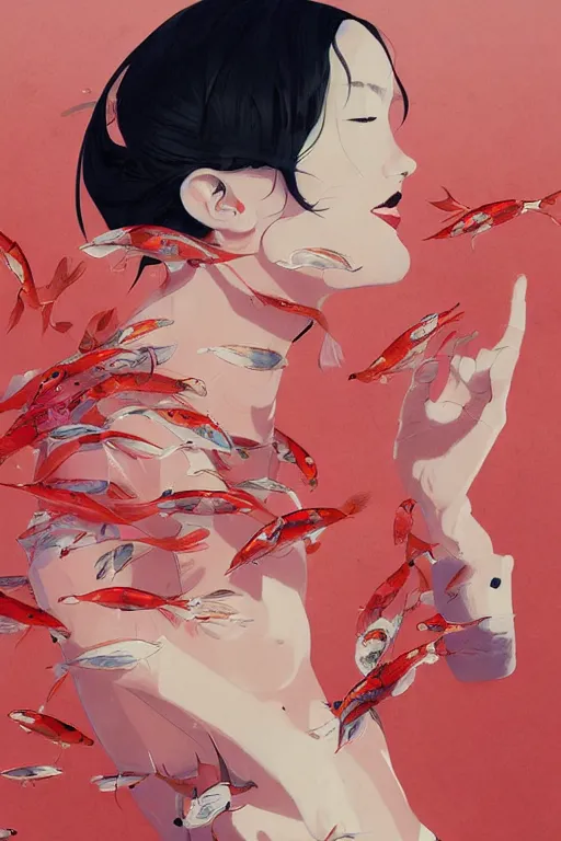 Image similar to a ultradetailed beautiful portrait panting of a stylish woman surrounded by floating koi fish, by conrad roset, greg rutkowski and makoto shinkai, trending on artstation