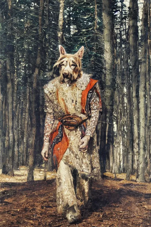 Prompt: Slavic dog head man, woolen torso in medieval clothes, walking in the forest, Orthodox Saint Christopher, oil painting, magic lights, painting by Viktor Vasnetsov, concept art, painting by Ivan Shishkin, hyperborea, beautiful dog head, hyperrealism, beautiful, high resolution, trending on artstation,