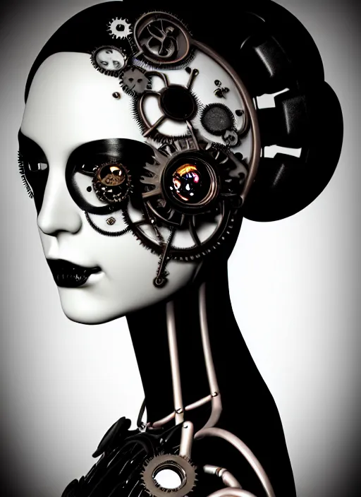 Prompt: 1 9 3 0 black and white dreamy foggy gothic masterpiece profile face portrait, one steampunk eye biomechanical beautiful young female cyborg - robot, body ribs meshes, big monocular, volumetric light, hibiscus flowers, by hg giger, rim light, big gothic fashion pearl embroidered collar, 8 k