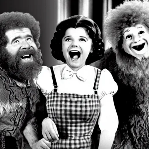 Image similar to bob ross and dorothy screaming in wizard of oz