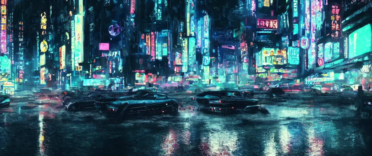 Image similar to a cinematic movie scene, 1 8 mm wide shot, street view of a cyberpunk asian city with english and tagalog neon signs by ridley scott and denis villeneuve, futuristic vehicles, futurisic people, techno noir, dark, rain, volumetric lighting, hyper detailed, digital art, trending in artstation, cinematic lighting, studio quality,