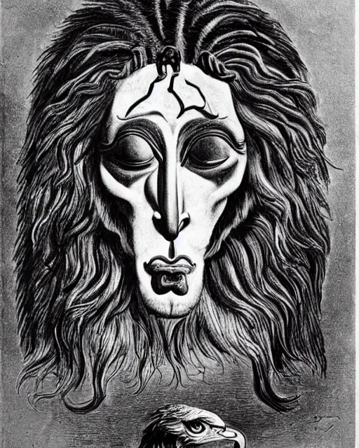 Prompt: a creature with the body and eyes of a man, with the beak of an eagle, the mane of a lion, and the horns of an ox. drawn by salvador dali