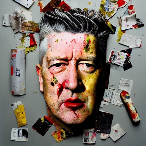 Prompt: hyperrealistic, photorealistic, mixed media oil painting of david lynch, magazine scraps, plaster, blood, oil, mustard, cigarettes, splatter, greg rutkowski, basquiat, ralph steadman, terry gilliam