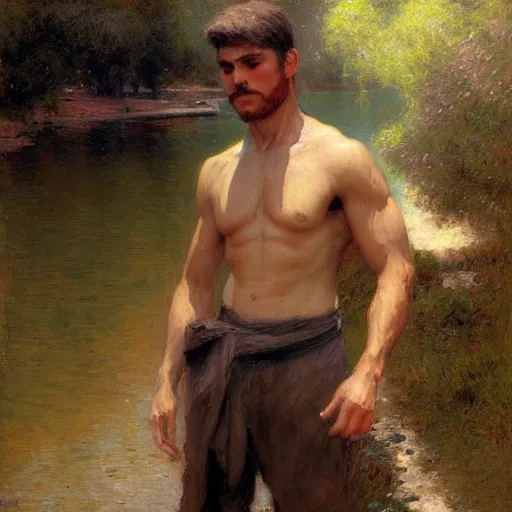 Prompt: young man by the river, muscular, detailed face, correct face, painting by Gaston Bussiere, Craig Mullins