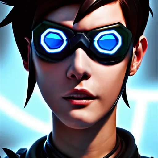 Image similar to oil painting of cyberpunk tracer overwatch in a field wearing very large black leather belt choker collar around neck, in style of mark arian, expressive face, very detailed face, very detailed eyes, full body, feminine face, detailed makeup on eyes, tracer overwatch,