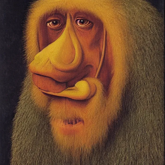 Image similar to close up portrait of a mutant monster creature with colourful mandrill - like nose, baldness, needles portruding through the cheeks, painted forehead, medusae beard. jan van eyck