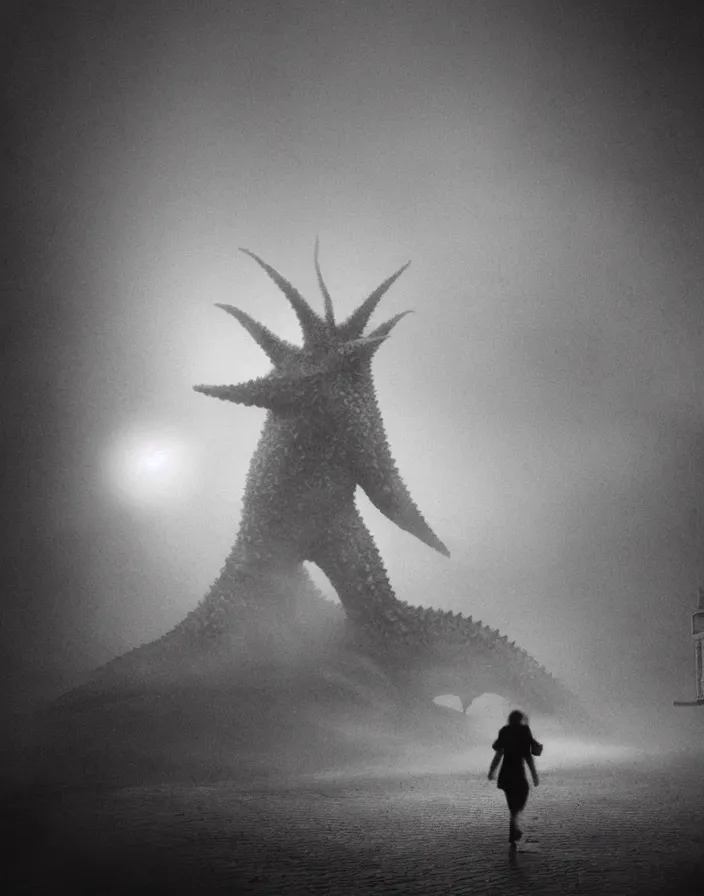 Image similar to very low - resolution found footage of a couple escaping in the city from a starfish kaiju monster, fog, foggy, korean film noir, monochrome, red hue, thriller, underdeveloped, epic, dramatic