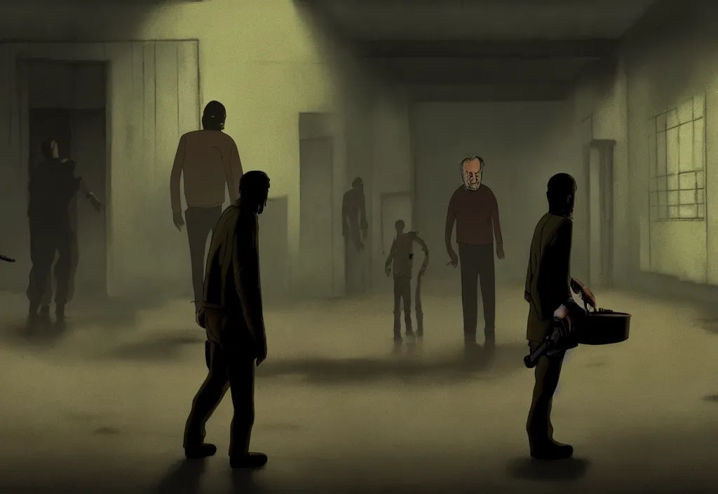 Image similar to cinematic movie still from an animated walking dead movie artwork by tim eitel, bill murray is a zombie in the scene, muted colours, cinematic lighting, abandoned buildings,