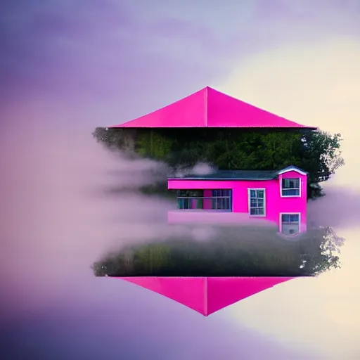 Image similar to a 5 0 mm lens photograph of a cute pink floating modern house, floating in the air between clouds, inspired by the movie up. mist, playful composition canon, nikon, award winning, photo of the year