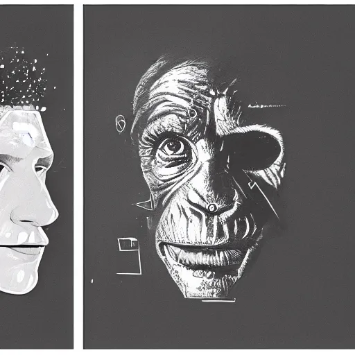 Image similar to double exposure portrait split in the middle of a astronaut and one chimpanzee in a suit posing with space in the background, pencil sketch, dynamic lighting of stars, sharpness, golden ratio