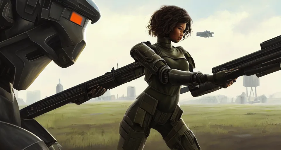 Image similar to a photorealistic painting of an attractive young girl, clothed in stealth-battle armor with a giant sci-fi sniperrifle in her hands, olive skin, long dark hair snd ebony skin, symmetrical face, a futuristic hover-tank with heavy laser-turret in the background, intricate details, elegant, digital painting, illustration, sharp focus, minimal artifacts, from Metal Gear, in the style of Ruan Jia and Mandy Jurgens and Greg Rutkowski, trending on Artstation, award winning, unreal engine, octane render