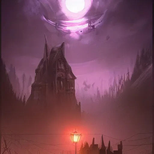 Image similar to this place is truly beautiful and the atmosphere is buzzing the town lights are glowing particularly brightly tonight but I cant stop feeling this ominous presence something is behind us, trending on artstation,