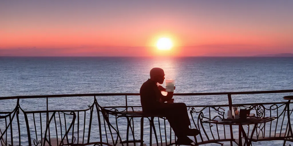 Image similar to cthulhu drinking his coffee while sitting on the balcony, sunset background, golden hour