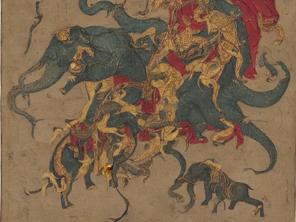 Prompt: Man on elephant fighting the dragon. Persian miniature, golden.