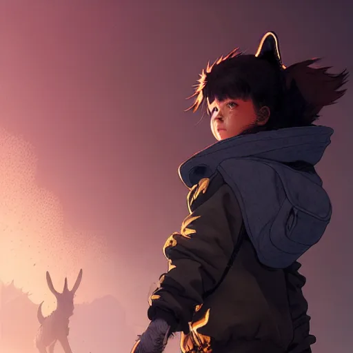 Prompt: brave young girl, wearing an oversized hoodie, backpack, standing near a tall wolf beast, fantasy, apocalyptic setting, sharp focus, character art, illustration, digital art painting, trending on artstation, by masamune shirow, by greg rutkowski.