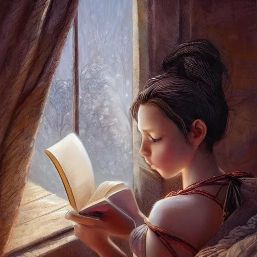 Image similar to village girl reading a book, cinematic, intricate, elegant, highly detailed, digital painting, artstation, concept art, smooth, sharp, focus, illustration, art by artgerm and Johfra Bosschart