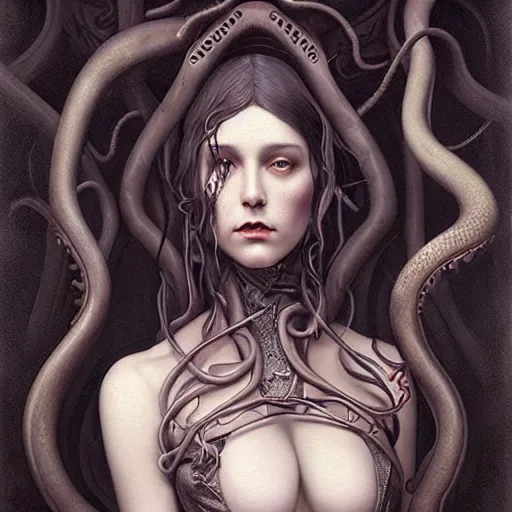 Image similar to by Tom Bagshaw, ultra realist soft painting of lovecraft and giger world of curiosities, single female in a corset, tentacles, partial symmetry accurate features, very intricate details, focus, curvy, award winning, ultra dense fog