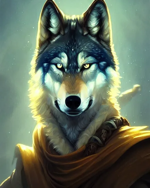 Image similar to wolf portrait, backlight, rim lighting, deep focus, d & d, fantasy, intricate, elegant, highly detailed, digital painting, artstation, concept art, matte, sharp focus, illustration, hearthstone, art by artgerm and greg rutkowski and alphonse mucha