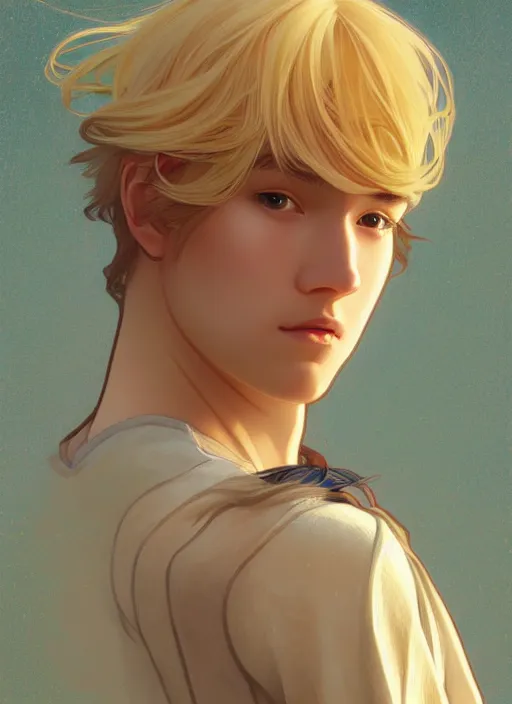 Prompt: pretty young man with shoulder length shiny shimmering golden blond hair, path traced, highly detailed, high quality, digital painting, by studio ghibli and alphonse mucha, leesha hannigan, wenjun lin, disney