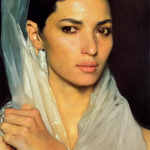Image similar to a stunning masterful portrait of a confident arab woman with perfect hair by andrew wyeth, john singer sargent, and norman rockwell, natural light, oil painting, ethereal, wong kar wai, strong brushwork