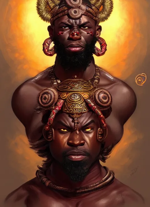 Image similar to angry orisha warrior god ogun, bronze skin tone stong and masculine, bushy beard, glowing red eyes, volumetric lights, mauve and gold scheme, tribal, intricate, highly detailed, digital painting, artstation, concept art, smooth, sharp focus, illustration, kemetic symbolism, art by artgerm and greg rutkowski and alphonse mucha