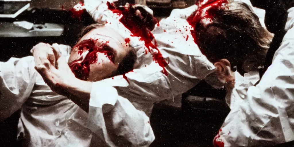 Prompt: filmic extreme wide shot dutch angle movie still 35mm film color photograph of a doctor getting his head sliced clean in half, dripping blood, in the style of a horror film