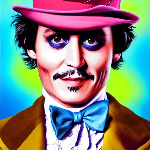 Image similar to portrait of johnny depp without mustache and beard as willy wonka, highly detailed, centered, solid color background, digital painting