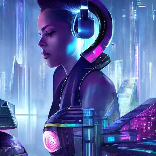Prompt: a futuristic woman with headphones and a futuristic city in the background, cyberpunk art by Stephan Martiniere, trending on Artstation, afrofuturism, sci-fi, dystopian art, darksynth