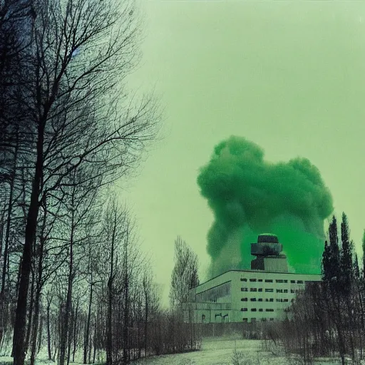 Prompt: a photograph of chernobyl emitting green smoke, photographs smuggled out from the soviet union, chernobyl, bright green