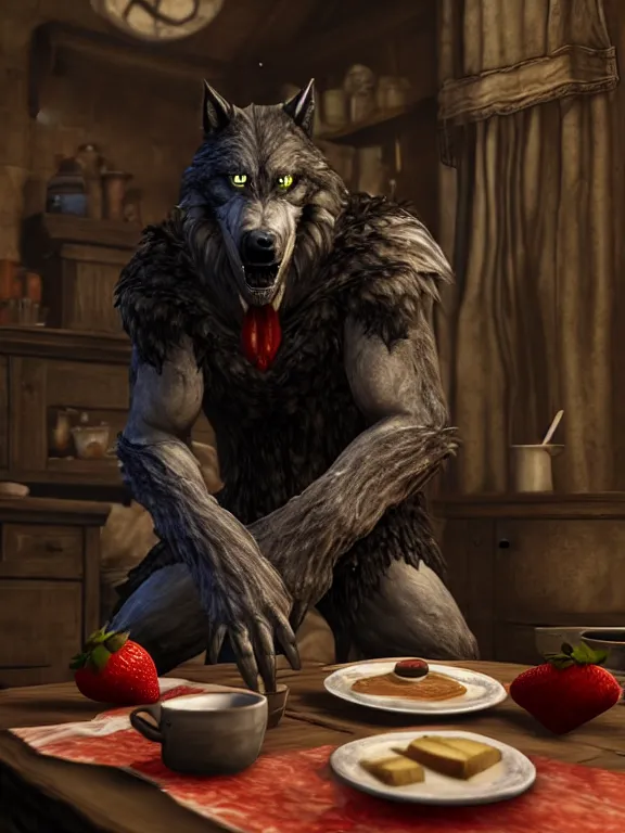 Image similar to cute handsome cuddly burly surly relaxed calm timid werewolf from van helsing sitting down at the breakfast table in the kitchen of a normal country home cooking having fun lighthearted whimsy whimsical baking strawberry tart cakes unreal engine hyperreallistic render 8k character concept art masterpiece screenshot from the video game the Elder Scrolls V: Skyrim