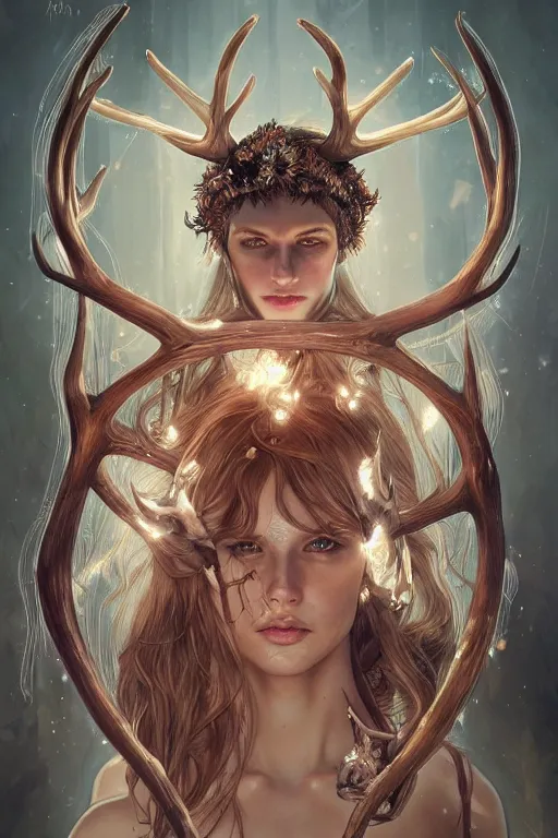 Prompt: ultra realistic illustration, a stunningly beautiful shaman girl with antlers and bone fragments, intricate, elegant, highly detailed, digital painting, artstation, concept art, smooth, sharp focus, illustration, art by artgerm and greg rutkowski and alphonse mucha