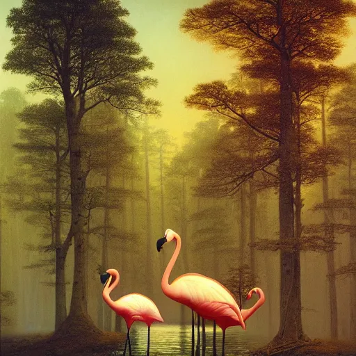 Image similar to reflective realistic futuristic forest pyramid flamingo steak neck beech tree , by Martin Johnson Heade and Ivan Aivazovsky and Mike Winkelmann , cluttered , National Geographic photo , fauvist