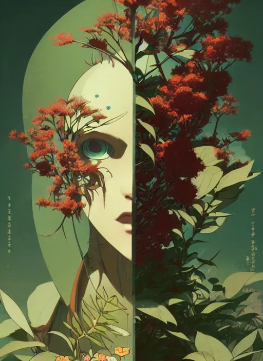 Image similar to illustrated by satoshi kon and greg rutkowski, a cyborg face in some plants with flowers and berries for a face, 6 0's retro sci - fi flat surreal design