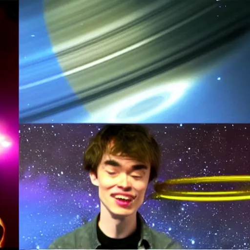 Prompt: jacob collier on space touching saturn rings in space darkness