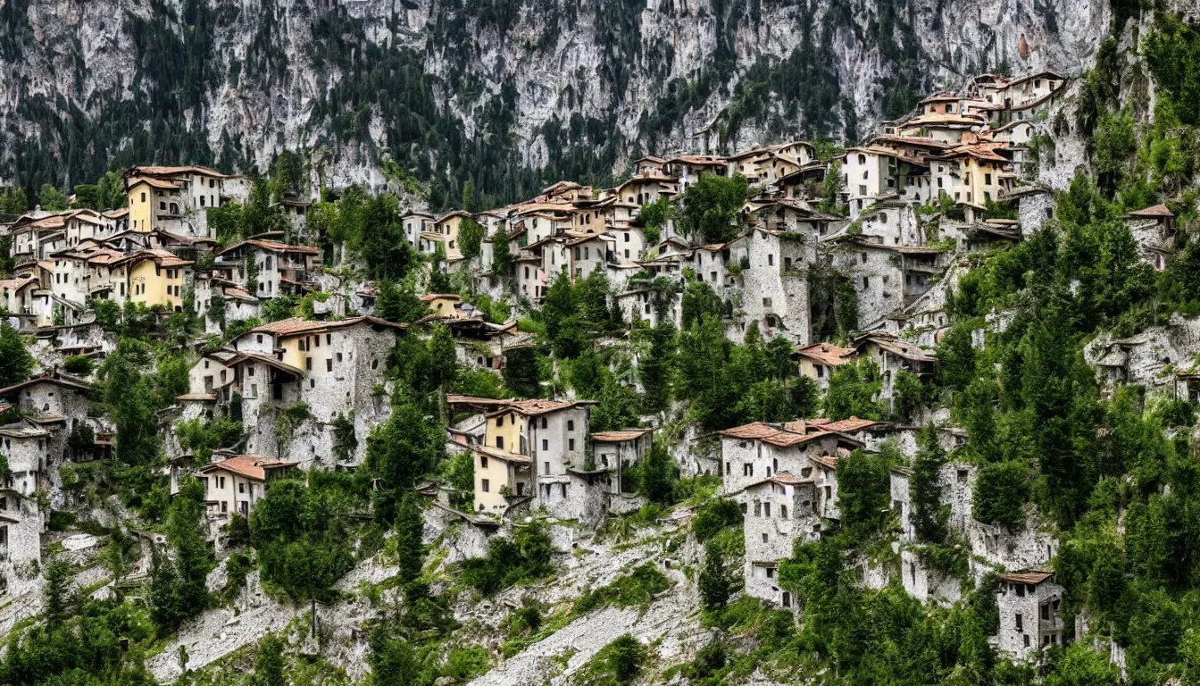 Image similar to an abandoned italian town in the dolomites mountains, overgrown