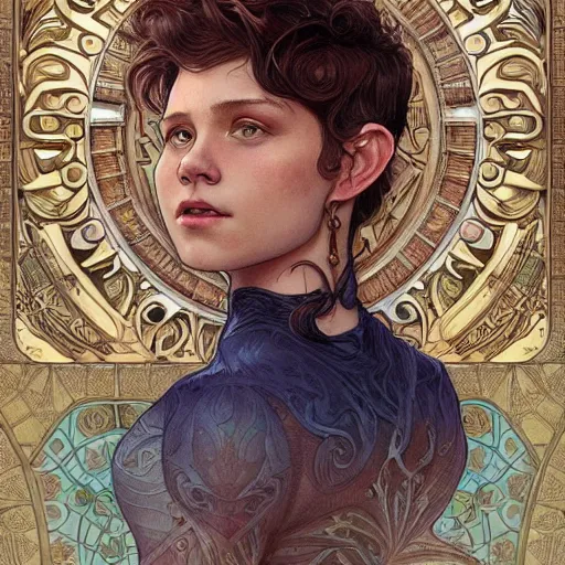 Image similar to tom holland, highly detailed, very intricate, art nouveau, gold filigree, romantic storybook fantasy, soft cinematic lighting, award winning, disney concept art watercolor illustration by mandy jurgens and alphonse mucha and alena aenami, pastel color palette, featured on artstation