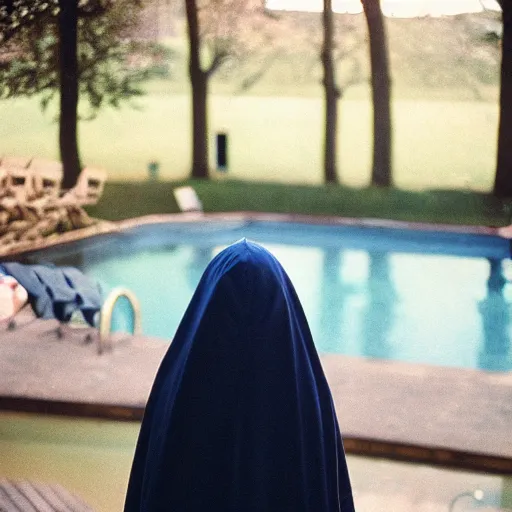 Image similar to woman in hooded cloak standing in a pool, kodak vision3 500t