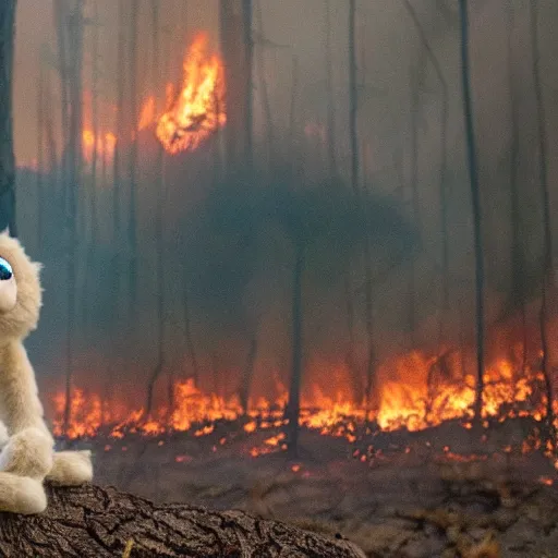 Image similar to a cute furry monster looking at a forest fire