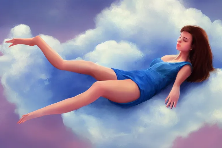 Image similar to a cute beautiful girl sitting on a cloud relaxing, digital painting, portrait